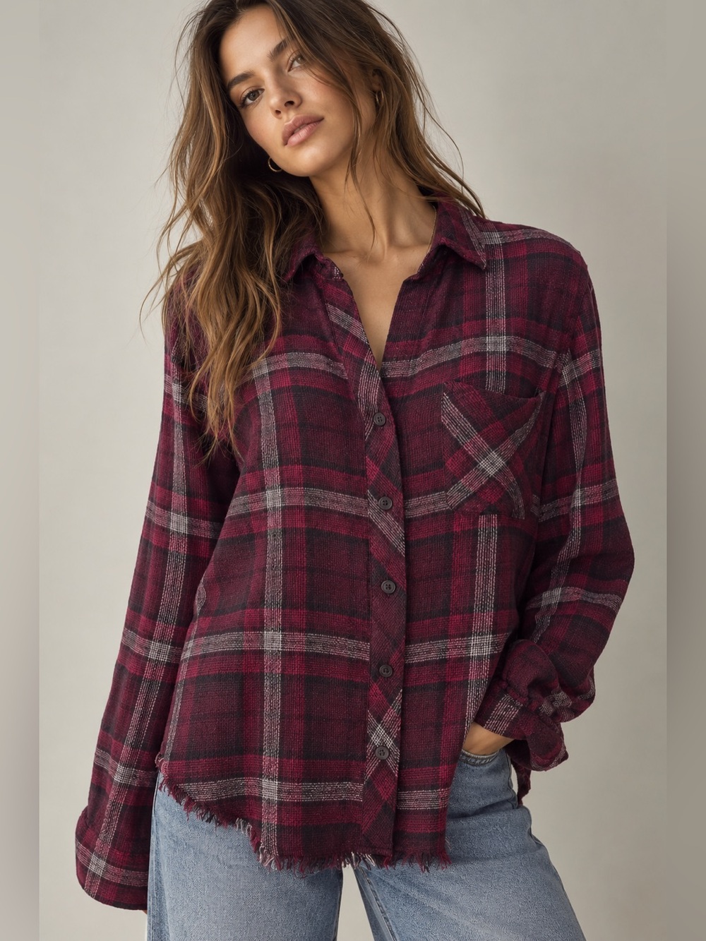 Cloth & Stone Plaid Button Down Shirt Raw Hem Burgundy Small